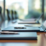 Leerer Konferenztisch mit Notizmappen, Stiften und Laptop – Symbolbild fuer strukturierte Beratung durch externe Fachkraft fuer Arbeitssicherheit