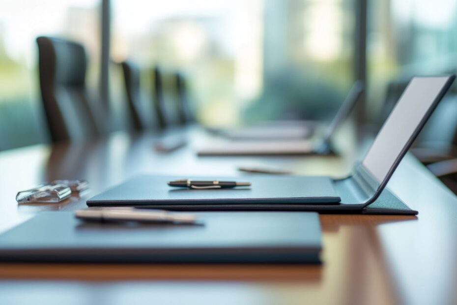 Leerer Konferenztisch mit Notizmappen, Stiften und Laptop – Symbolbild fuer strukturierte Beratung durch externe Fachkraft fuer Arbeitssicherheit